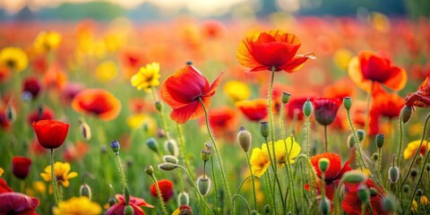 Fototapeta premium A Field of Red Poppies in the Golden Hour, Close-up, Vivid Colors, Poppy Flowers, Nature, Summer, Field