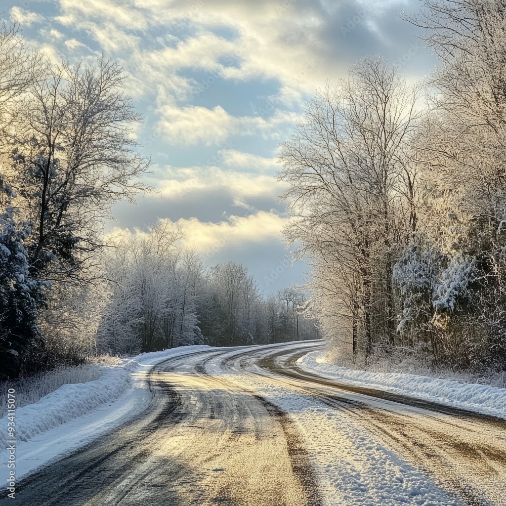 Aufkleber icy road with a light layer of snow, surrounded by frosted trees and a cloudy, winter sky