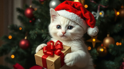 Obraz premium A kitty wearing Santa Claus hat in front of a Christmas tree holding a present