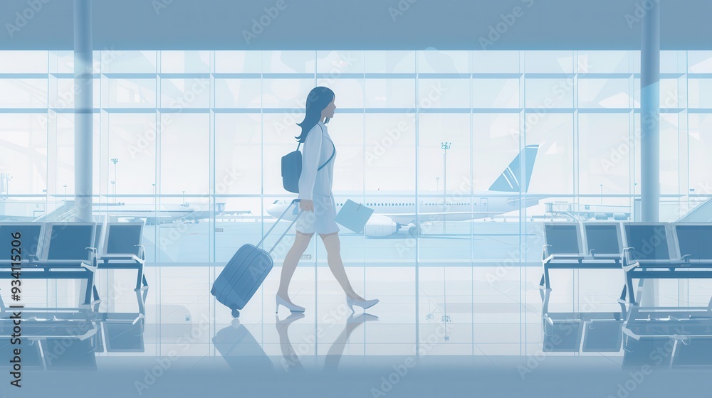 Poster the flight attendant strolls through the terminal, pulling her suitcase behind her while glancing to