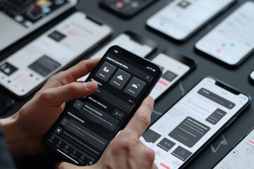 bunch of black and white screens with red accents, UI pattern library provides design inspiration
