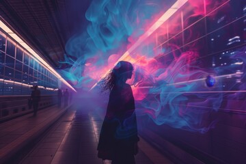 woman standing in subway station with neon light, unique social media post image that grabs attention