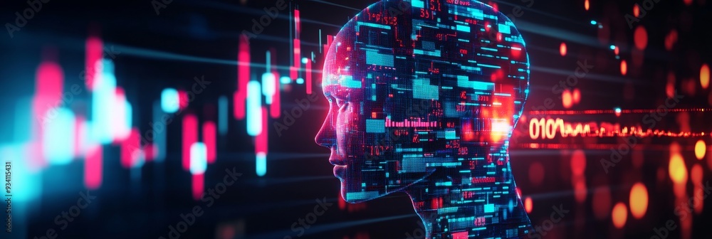 Poster ai digital mind - data and technology concept - a digital human head made of data streams and code r