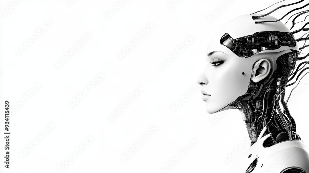 Poster ai woman in profile: the future of technology - a profile view of a female robot, showcasing a blend