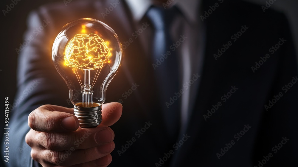 Poster man in business attire holding a virtual light bulb and brain, showing smart thinking and innovation