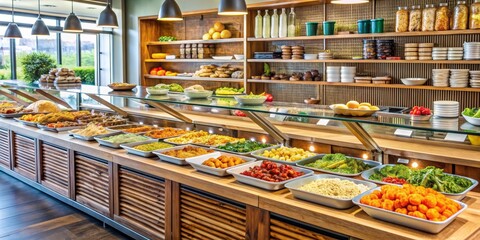 Fototapeta premium A Buffet Spread of Fresh and Delicious Food with Wooden Shelving, Wide Variety of Dishes, Food Presentation, Restaurant , Buffet , Food , Cuisine