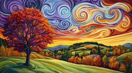 A vibrant landscape featuring a swirling sky, colorful tree, and rolling hills, evoking a sense of tranquility and beauty.