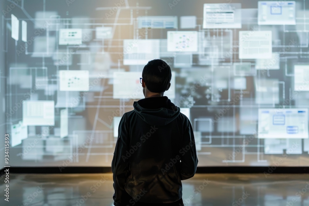 Poster man standing in front of large screen with many images, usability walkthrough simulates user interac