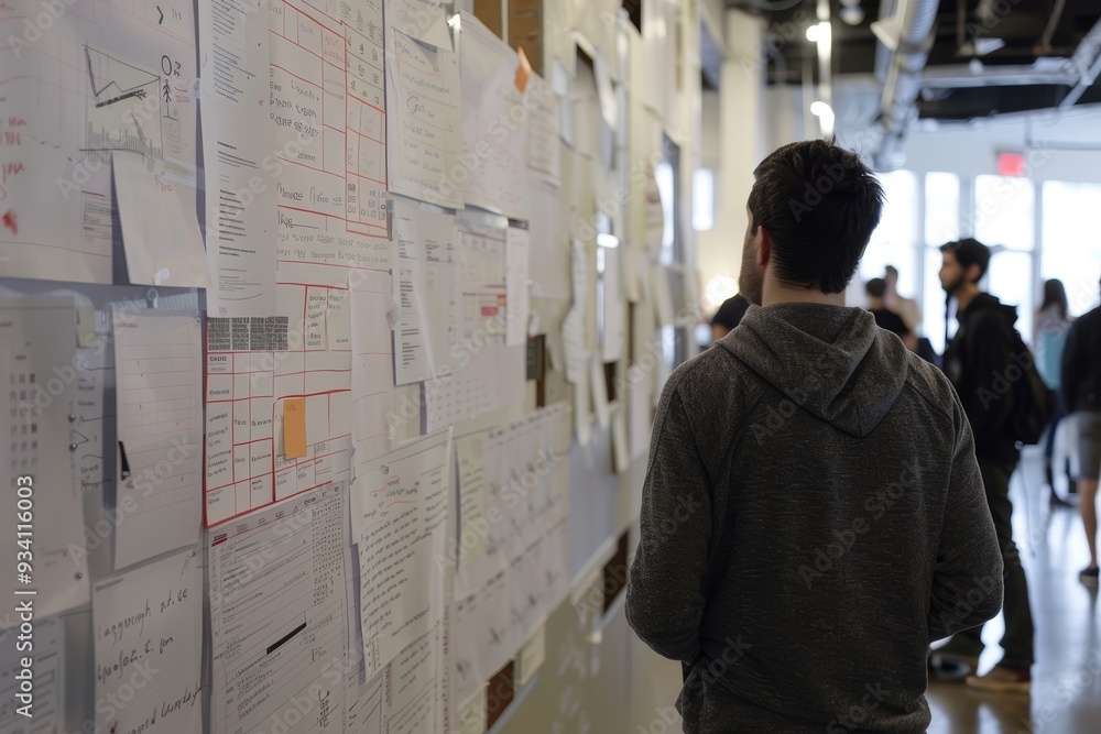 Poster man standing in front of large screen with many images, usability walkthrough simulates user interac