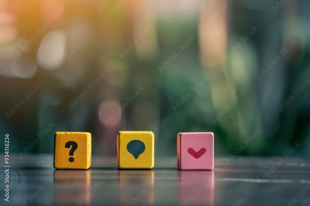 Aufkleber wooden block with question mark and question mark on it, user feedback widget encourages user input