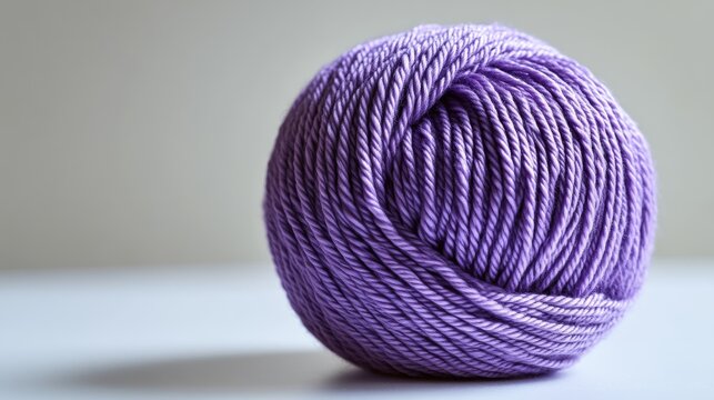 Ball of purple yarn on white surface with blurred background, crafting and knitting concept