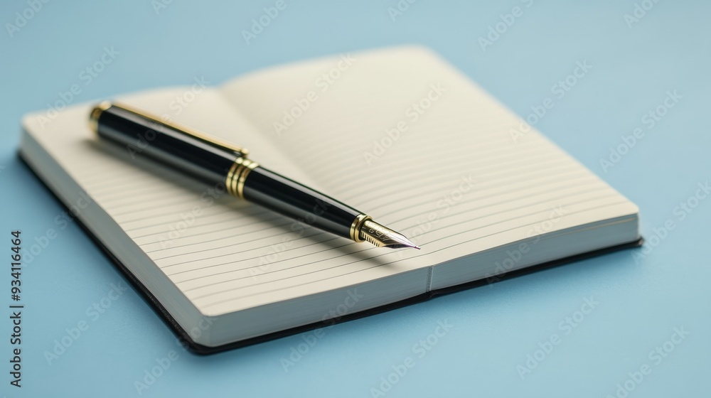 Aufkleber open notebook with pen on workspace