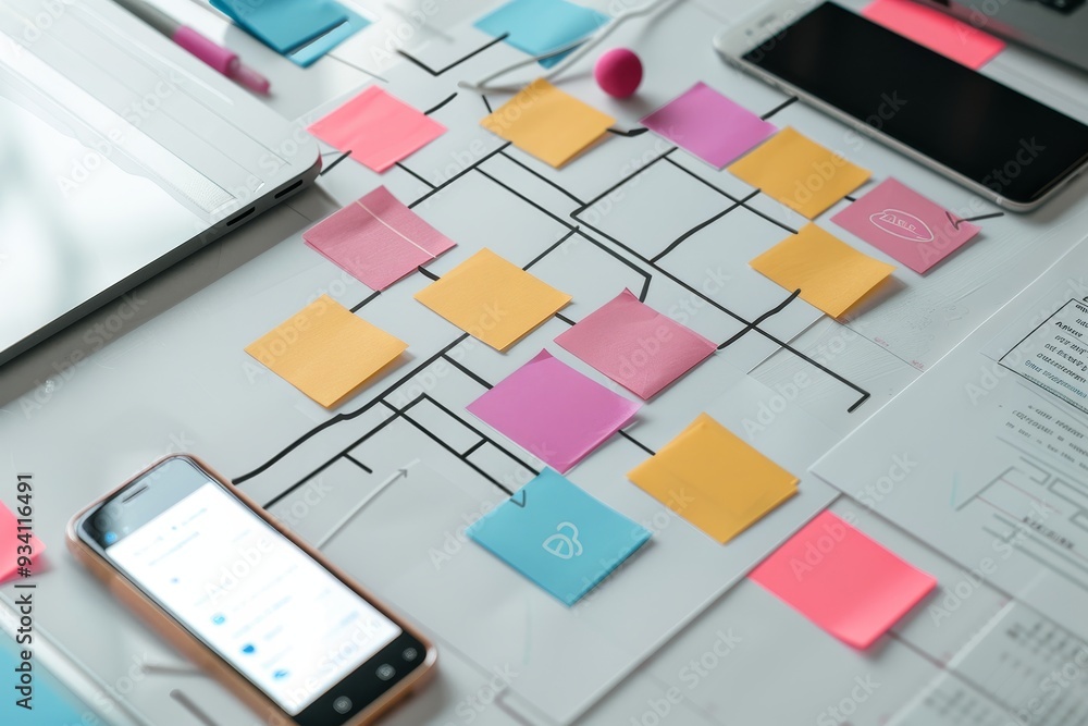 Fototapete blueprint with bunch of orange dots on it, user flow diagram guides your navigation