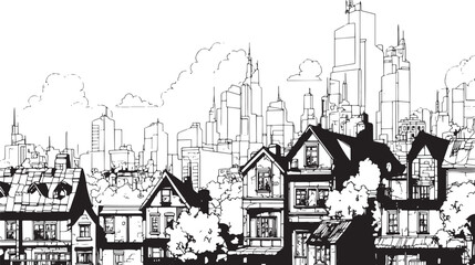 City landscape. Line urban backdrop. Skyline with clouds, different buildings on street, doodle street draw, outline cityscape hand sketch, flat houses. Hand drawn vector illustration
