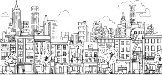 City landscape. Line urban backdrop. Skyline with clouds, different buildings on street, doodle street draw, outline cityscape hand sketch, flat houses. Hand drawn vector illustration