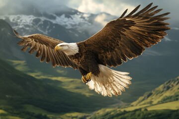 Majestic Bald Eagle Soaring Over Mountain Landscape