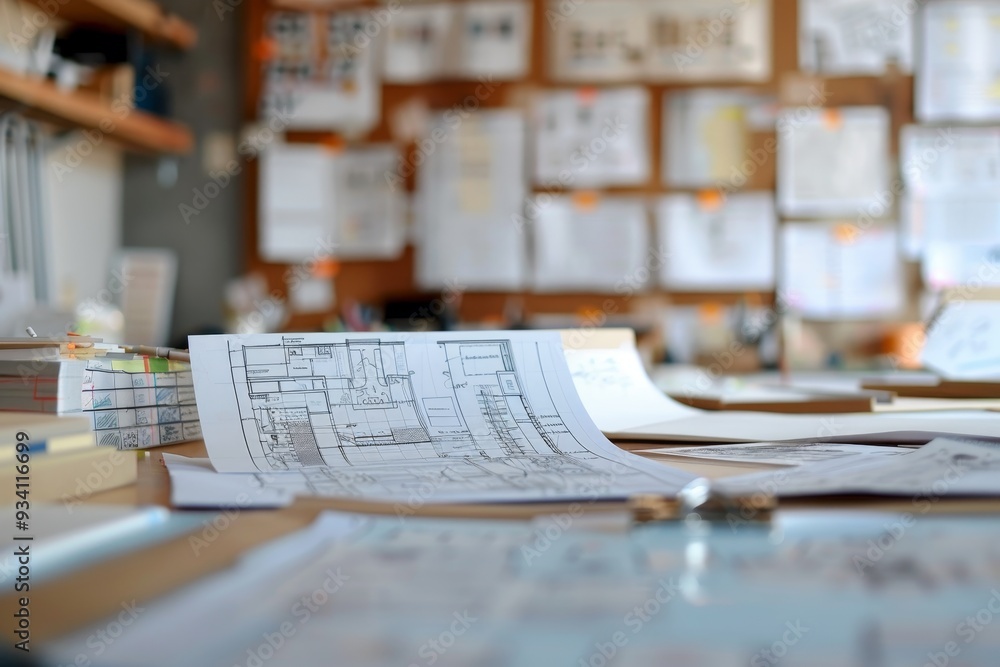 Poster desk with bunch of papers and pen, user scenario analysis informs design choices