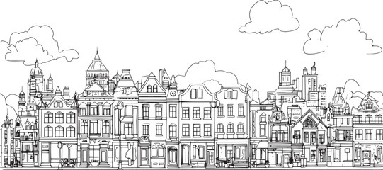City landscape. Line urban backdrop. Skyline with clouds, different buildings on street, doodle street draw, outline cityscape hand sketch, flat houses. Hand drawn vector illustration