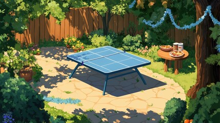 Sunny garden isometric view, blue tennis table in the middle, surrounded by trees, path, small table with food, and blue garlands.