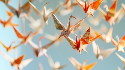 Paper cranes suspended in mid-air