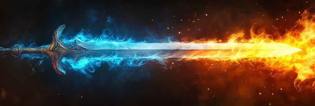 Blazing Sword: Fire and Ice Clash - A fiery sword engulfed in flames on one side and icy blue flames on the other, symbolizing power, duality, opposing forces, conflict, and  balance.
