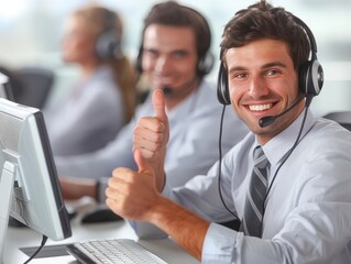Smiling young man customer service operator showing thumbs up in one hand while working with headsets in an open office together with other co-workers.