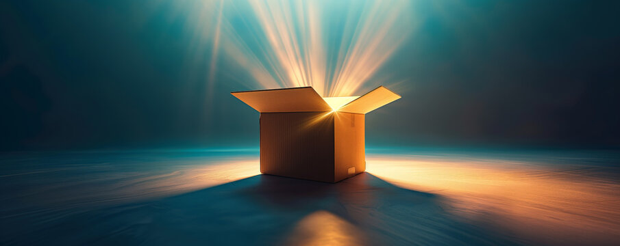 An open cardboard box emits radiant light beams in a dark, expansive setting, evoking themes of discovery, potential, and the unknown