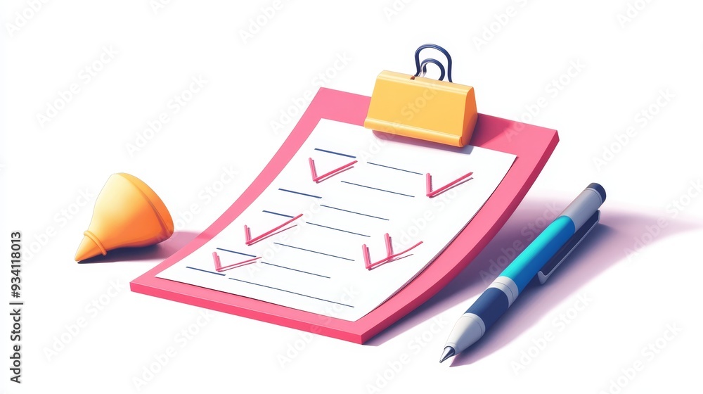 Aufkleber checklist with checkmarks and pen, completed tasks and goals - a checklist on a clipboard with sever