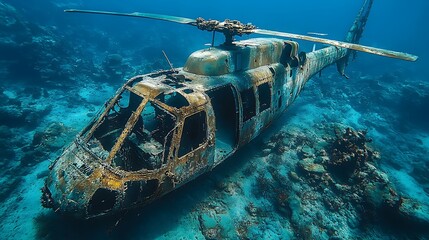 A rusted helicopter lies on the ocean floor, surrounded by coral and marine life.