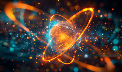 A bright, futuristic representation of an atom with swirling particles and vibrant energy rings against a cosmic backdrop, visualizing atomic structures in a highly energetic, abstract design