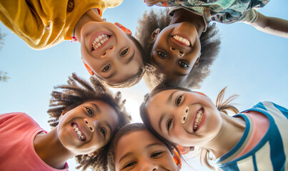 A group of happy, diverse children huddled in a circle, looking down and smiling at the camera, representing unity, friendship, and multicultural togetherness