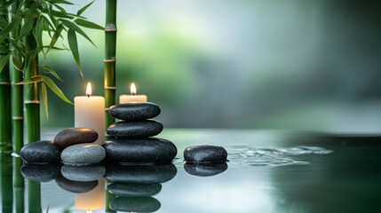 Obraz premium Relaxing spa still life with candles, stones, and bamboo