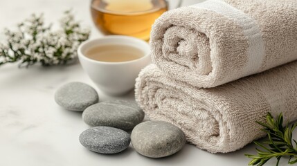 Rolled towels, spa stones, and herbal tea cup