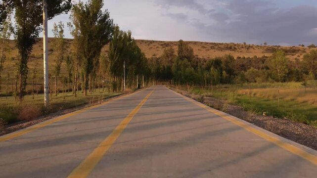 FPV drone time lapse in reverse of a path in the park. Tbilsi Georgia. Cinematic perspective of a journey.