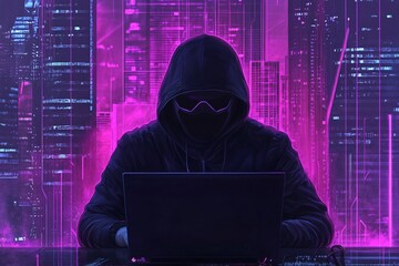 Mysterious hacker working on a laptop in a neon-lit urban environment with skyscrapers illuminated at night in shades of purple and pink