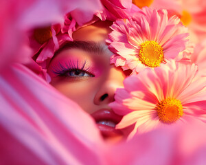 A woman is surrounded by pink flowers and her face is partially hidden. The image has a soft, romantic and dreamy mood
