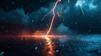 Single powerful lightning bolt hitting the ground