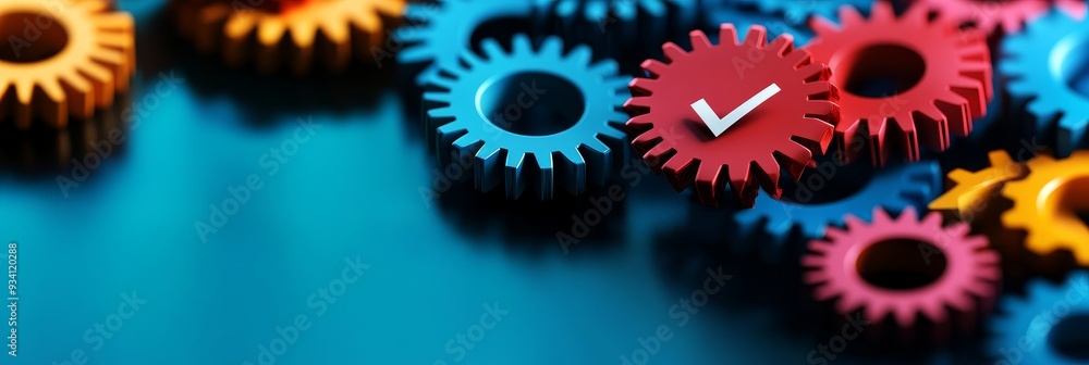 Poster colorful gears with checkmark - symbol of success and teamwork - a group of colorful gears interlock