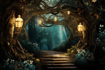 Enchanted Forest Path with Glowing Lanterns - Fantasy Landscape