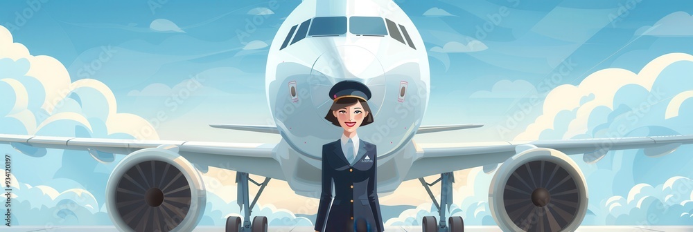Poster a flight attendant poses confidently before a jetliner, showcasing the professionalism of airline se
