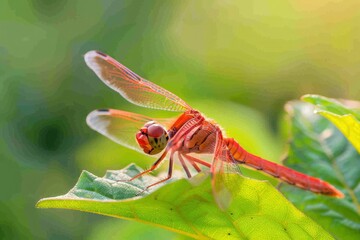 Naklejka premium A close-up of a green dragonfly perched on a branch in a sunny meadow. Beautiful simple AI generated image