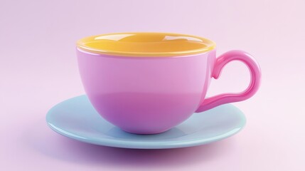 Fototapeta premium Colorful Teacup on a Pastel Background - A vibrant pink and yellow teacup sits on a light blue saucer against a soft pink backdrop, symbolizing warmth, comfort, and a touch of whimsy.