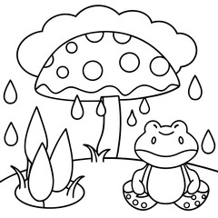 There mushroom and frog rain Coloring page