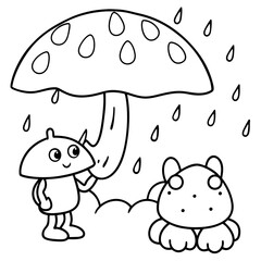 There mushroom and frog rain Coloring page