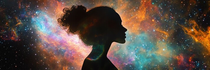 Cosmic Woman Silhouette Against Vibrant Nebula - A silhouette of a woman's face against a colorful nebula, symbolizing connection, dreams, the universe, wonder, and cosmic energy.