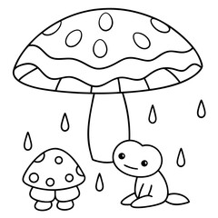 There mushroom and frog rain Coloring page