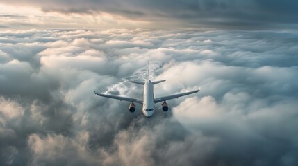 A commercial airplane navigates through thick, illuminated clouds at sunset, showcasing the majesty and dynamics of air travel. With copy space for text.