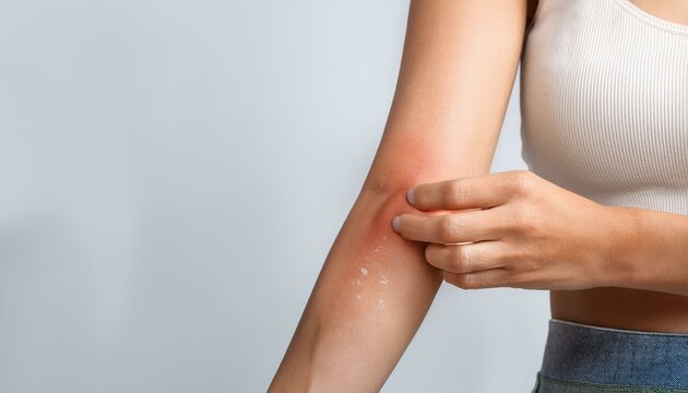 Young asian man itching and scratching on arm from allergic itchy dry skin eczema dermatitis insect bites
