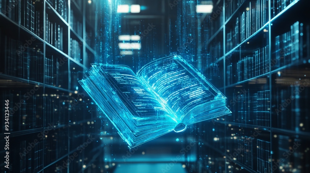 Poster digital book floating in a library - knowledge and information concept - a glowing digital book levi