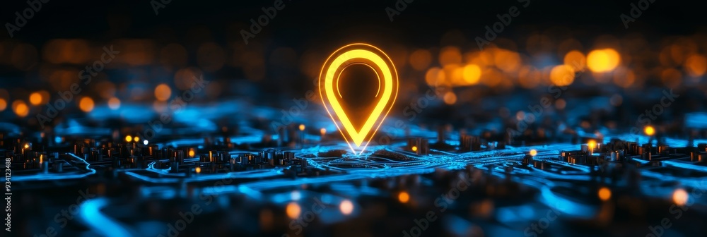 Poster digital location pin on abstract circuit board - a glowing location pin stands out against a dark ba